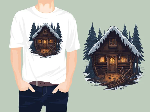 冬の森の中の木造コテージTシャツデザインベクトルイラスト — ストックベクタ