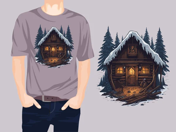 冬の森の中の木造コテージTシャツデザインベクトルイラスト — ストックベクタ