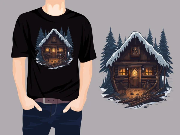 Holzhaus Winterwald Shirt Design Vektor Illustration — Stockvektor