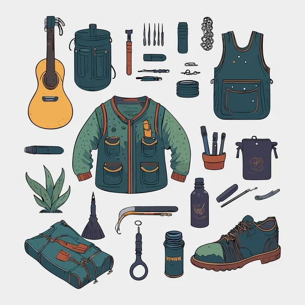 stock vector Hiking and camping equipment set. Hand drawn vector illustration in sketch style.