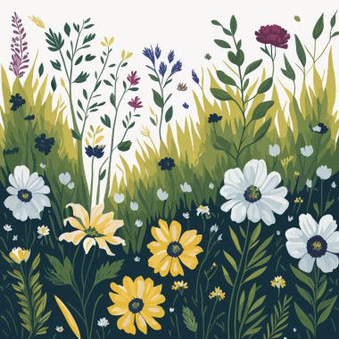 Kır çiçekleri ve otlarla kusursuz bir desen. Vektör illüstrasyonu