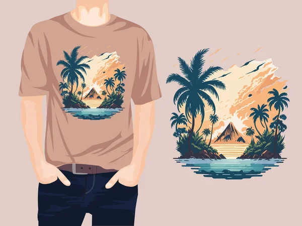 Isola Tropicale Con Palme Shirt Mare Disegno Vettoriale Illustrazione — Vettoriale Stock