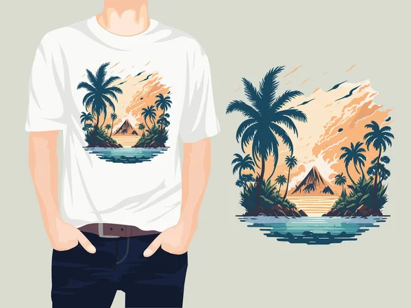Tropický Ostrov Palmami Vektorovou Ilustrací Tričku — Stockový vektor