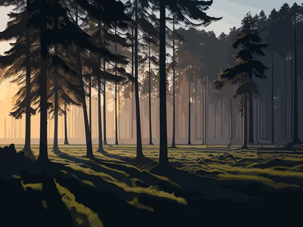 Туманный Сосновый Лес Рассвете Хрустящий Утренний Воздух Пробуждает Чувства Возвещая — стоковый вектор