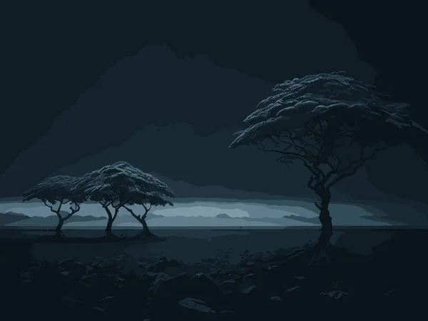 孤独的树在沙滩上的夜晚 矢量说明 — 图库矢量图片