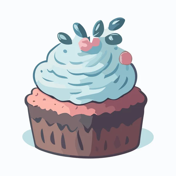 Cupcake Con Crema Azul Cerezas Ilustración Vectorial — Vector de stock