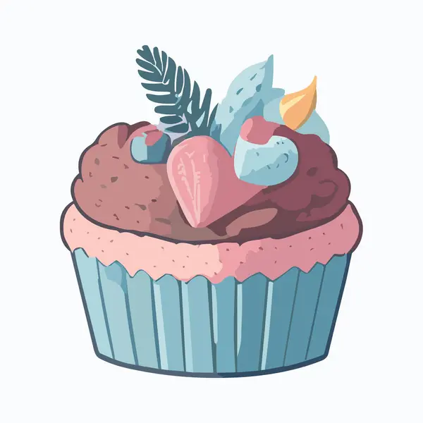 Cupcake Mit Blaubeeren Und Erdbeeren Vektorillustration Cartoon Stil — Stockvektor