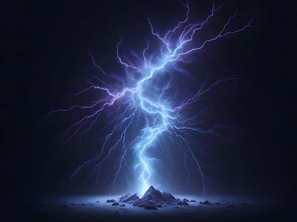 Блакитна Електрична Блискавка Чорному Тлі Блискавка Над Камінням Візуалізація Ілюстрація — стокове фото