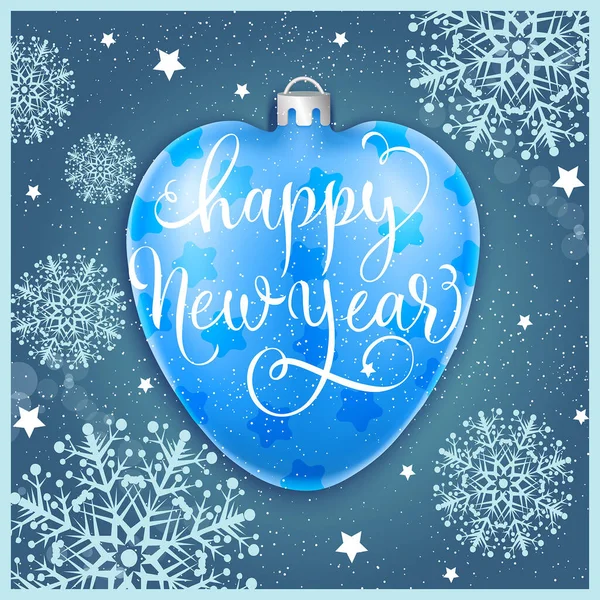 Happy New Year lettering on blue bauble over background with snowflakes. Celebration, winter, congratulation. Holiday concept. Can be used for greeting cards, postcards, brochure