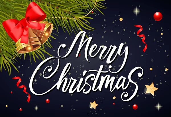 Frohe Weihnachten Weihnachtsgrußkarte Mit Glocken Und Tannenzweigen Handgeschriebener Text Kalligrafie — Stockvektor