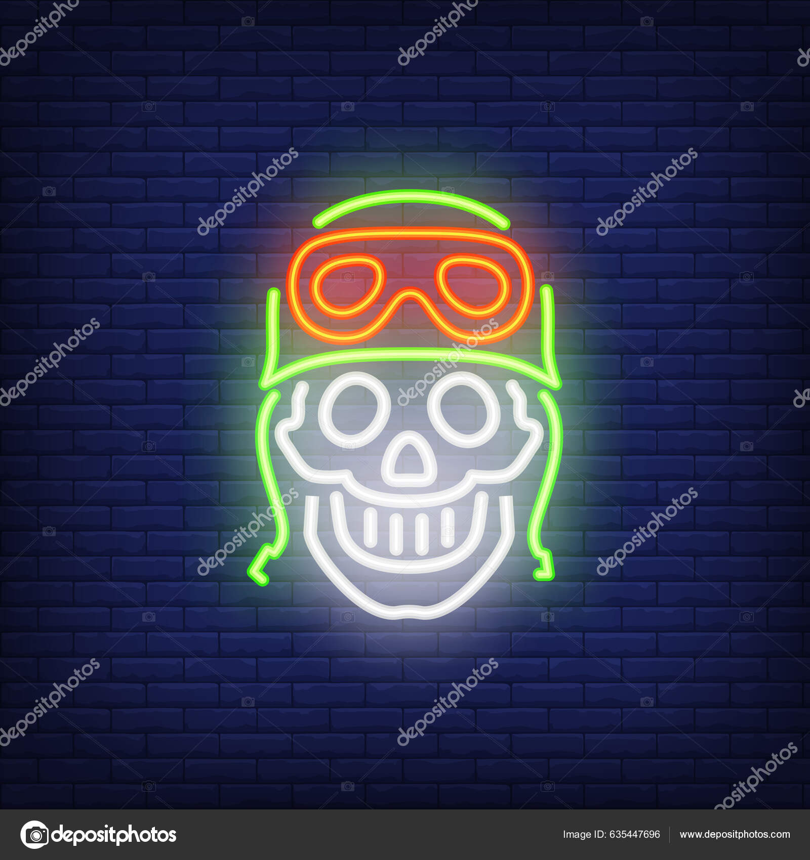 Human Skull Helmet Brick Background Neon Style Vector Illustration