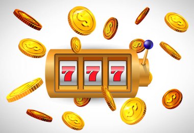 Lucky seven slot machine and flying golden coins. Casino business advertising design. For posters, banners, leaflets and brochures. clipart