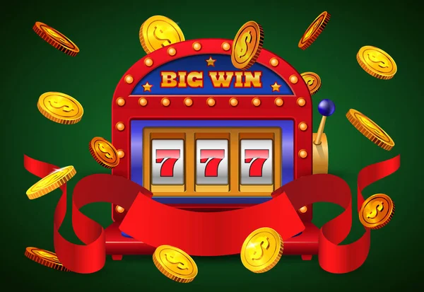 Große Win Inschrift Spielautomat Und Fliegende Goldmünzen Werbedesign Für Casino — Stockvektor