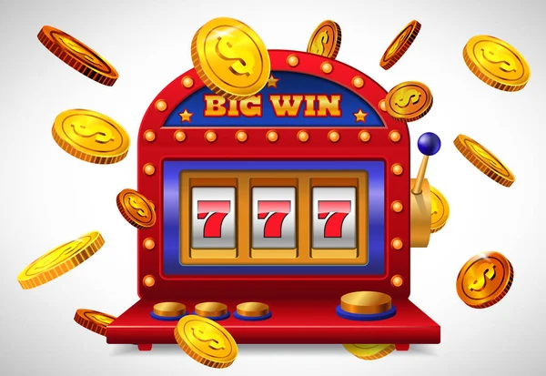 Großer Gewinn Schriftzug Glückliche Sieben Spielautomaten Und Fliegende Goldmünzen Werbedesign — Stockvektor