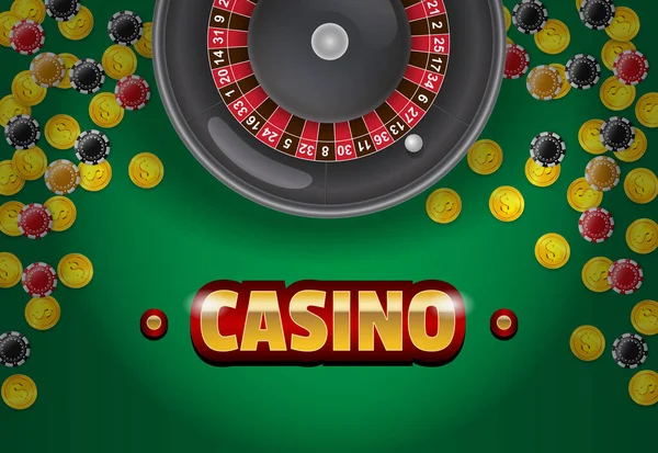 緑の背景にカジノのレタリング ルーレット コイン チップ カジノビジネス広告デザイン ポスター バナー チラシ パンフレットはこちら — ストックベクタ