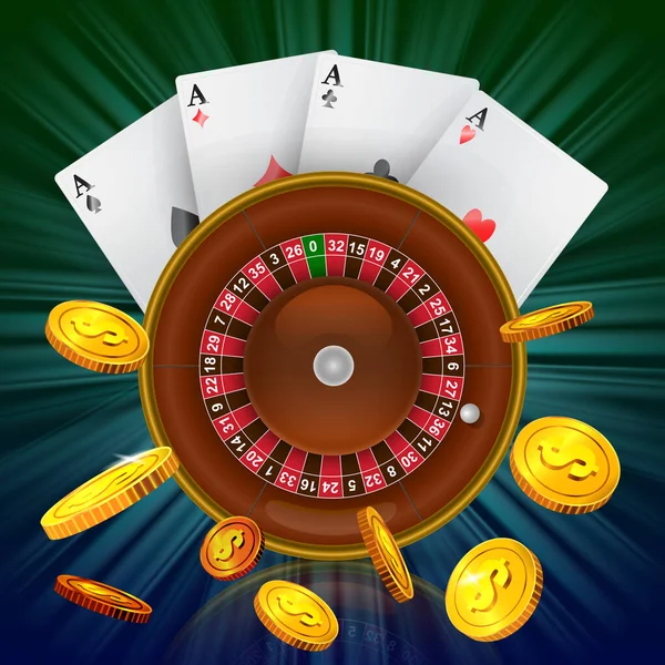 Casino Roulette Four Aces Flying Golden Coins Casino Business Advertising — Wektor stockowy