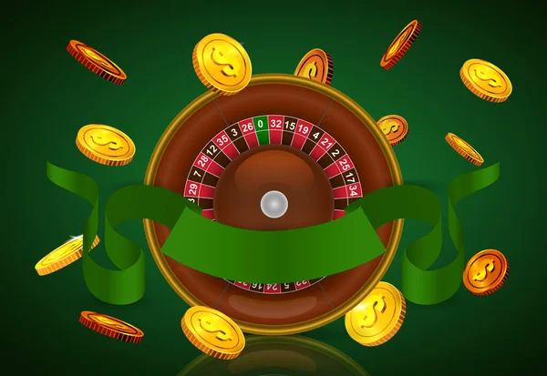 Casino Roulette Flying Golden Coins Green Ribbon Casino Business Advertising — Wektor stockowy