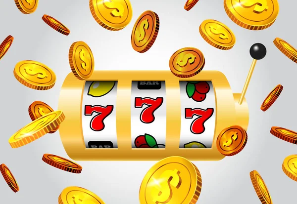 Lucky Seven Slot Machine Flying Golden Coins Grey Background Casino — Stockvektor