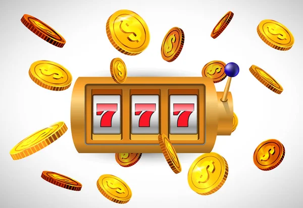 Счастливая Семерка Игровых Автоматов Летающие Золотые Монеты Рекламный Дизайн Казино — стоковый вектор