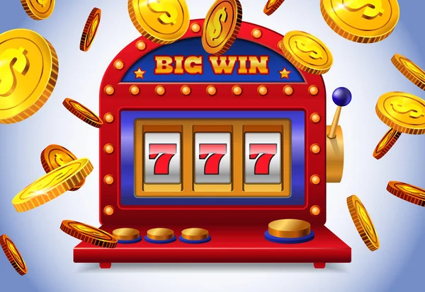 Lucky Seven Slot Machine Big Win Lettering Flying Golden Coins — Stockvektor