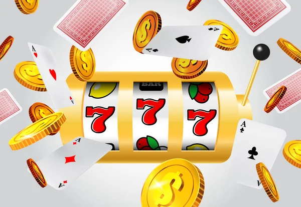 Lucky Seven Slot Machine Flying Aces Golden Coins Grey Background — Stockvektor