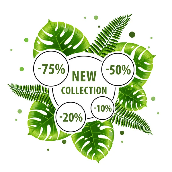 New Collection Green Poster Design Tropical Leaves Discount Stickers Text —  Vetores de Stock