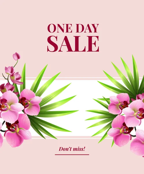 One Day Sale Miss Poster Design Pink Flowers White Banner —  Vetores de Stock