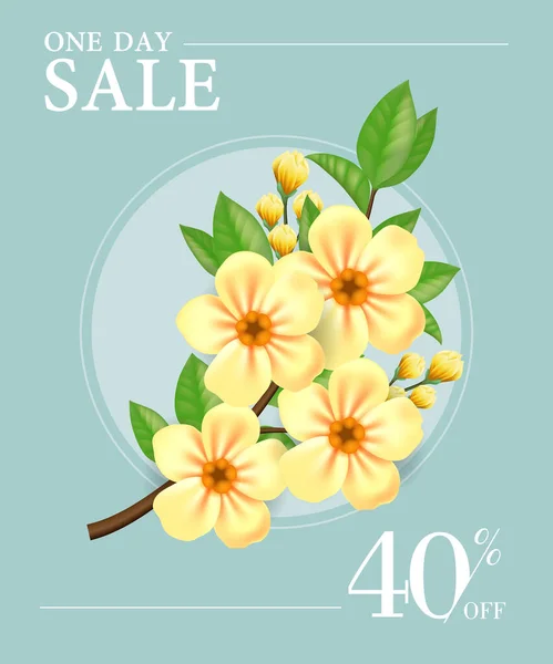 One day sale, forty percent off poster design with yellow flowers in round frame on light blue background. Typed text can be used for labels, flyers, signs, banners.