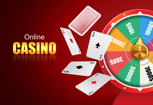 Online Casino Lettering Wheel Fortune Flying Playing Cards Casino Business — Wektor stockowy