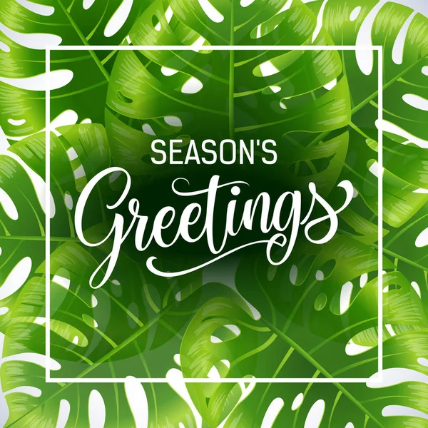 Seasons Greetings Poster Template Tropical Leaves White Background Typed Calligraphic —  Vetores de Stock