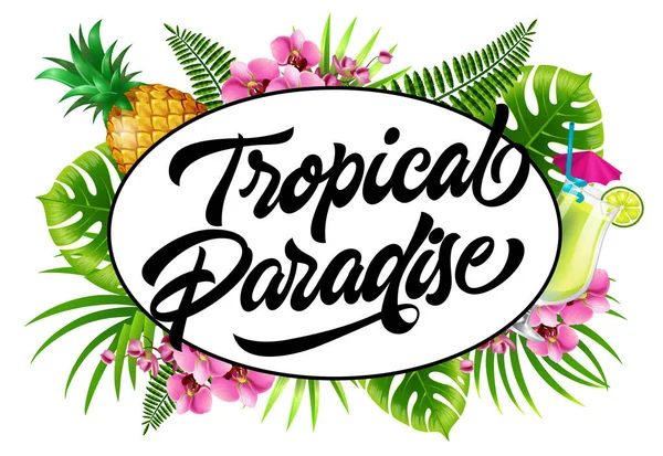 Tropical Paradise Invitation Design Palm Leaves Flowers Pineapple Fresh Drink —  Vetores de Stock