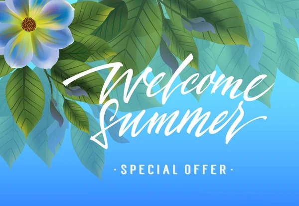 Welcome Summer Special Offer Banner Design Violet Flower Leaves Sky —  Vetores de Stock