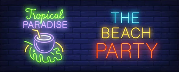Beach Party Neon Style Banner Brick Background Tropical Paradise Coconut — Stockvektor