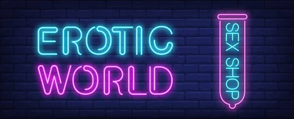 Erotic World Sex Shop Neon Sign Pink Condom Dark Blue — Stockvektor