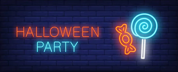 Halloween Party Neon Style Banner Treat Brick Background Bright Neon — Stockvektor