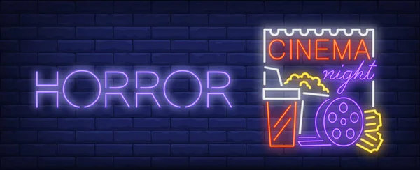 Horror Night Neon Sign Popcorn Cola Film Reel Poster — Stockvektor