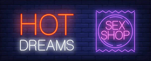 Hot Dreams Sex Shop Neon Sign Purple Condom Package Brick — Stockvektor