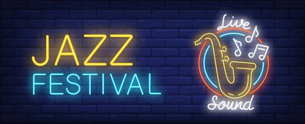 Jazz Festival Live Sound Neon Sign Yellow Saxophone Flying Melody — Stockvektor