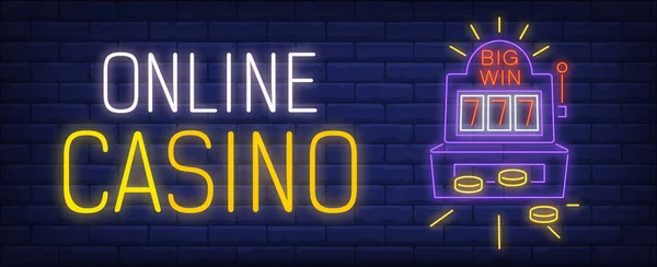 Online Casino Neon Sign Winning Slot Machine Luminous Inscription Brick — Stockvektor