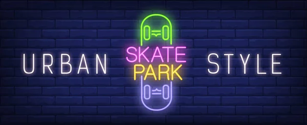 Urban style skate park neon sign. Colorful inscription on skateboard on dark brick wall. Vector illustration in neon style for skateboarding contest or modern playground presentation