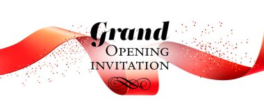 Grand opening invitation, banner design with red ribbon, swirls and confetti. Festive template can be used for invitation cards, flyers, posters. clipart