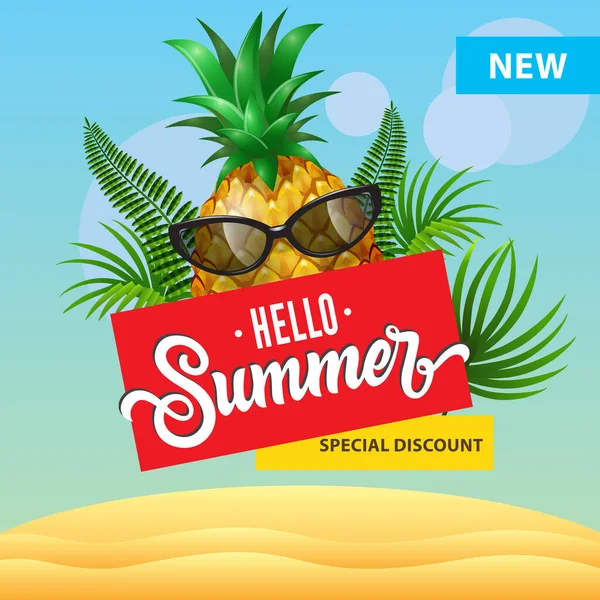 Hello Summer New Special Discount Poster Design Cartoon Pineapple Sunglasses —  Vetores de Stock
