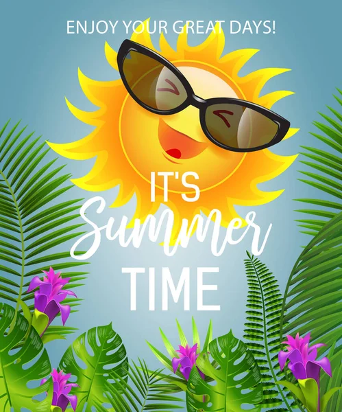 Summer Time Lettering Smiling Sun Sunglasses Summer Offer Design Handwritten —  Vetores de Stock