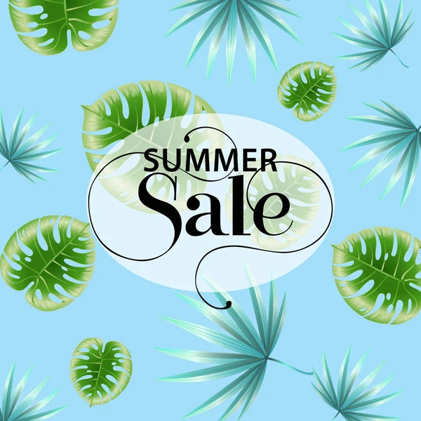Summer Sale Blue Promo Poster Design Tropical Leaf Pattern Text —  Vetores de Stock