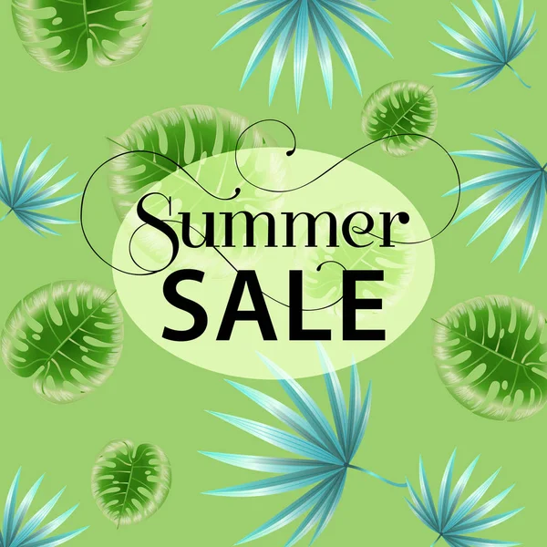 Summer Sale Green Promo Poster Design Tropical Leaf Pattern Text —  Vetores de Stock