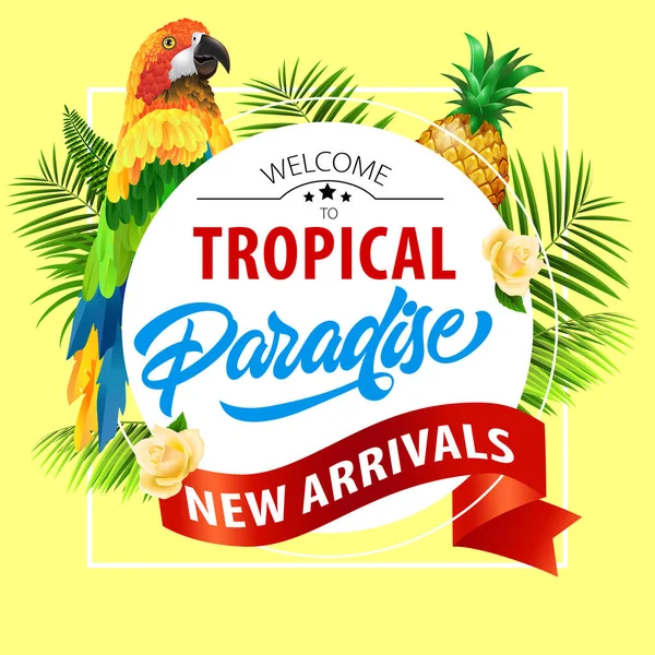Tropical Paradise New Arrival Lettering Parrot Summer Offer Design Handwritten —  Vetores de Stock
