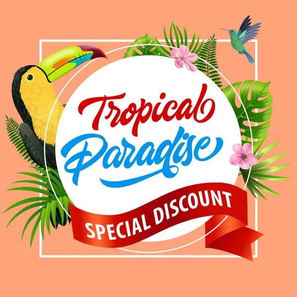 Tropical Paradise Special Discount Flyer Design Pink Blossoms Red Ribbon —  Vetores de Stock