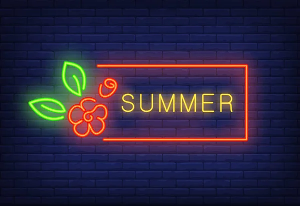 Summer Neon Text Red Frame Flower Seasonal Offer Sale Advertisement — Stockvektor