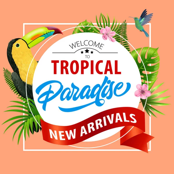 Welcome Tropical Paradise New Arrivals Flyer Design Pink Blossoms Red —  Vetores de Stock