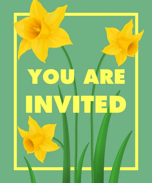 You are invited lettering with yellow narcissus on blue background. Handwritten text, calligraphy. Holiday concept. Can be used for invitation, flyer, brochure